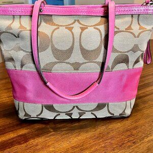 COACH Signature Logo Shoulder Bag Beige/Brown Pink Trim